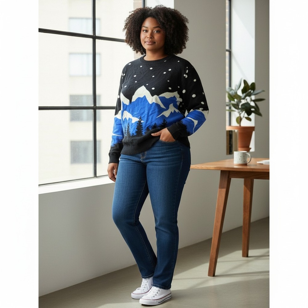 Sugarhill Brighton Sweater 16 Black Mountain Landscape Excellent Knit‎ Pullover